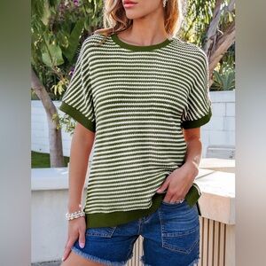 EVALESS Oversized Top Crewneck Short Sleeve Block Striped Oversized Fit Olive